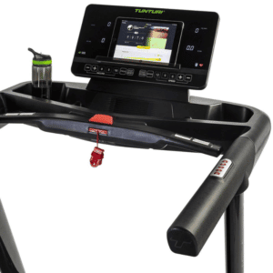 Tunturi T80 loopband - cockpit met bekerhouder, veiligheidsclip en tablethouder